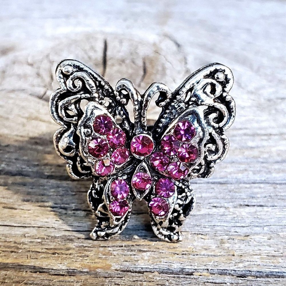 Vintage Y2K 90s Magenta Pink Crystal Butterfly Silver Adjustable Cocktail Ring